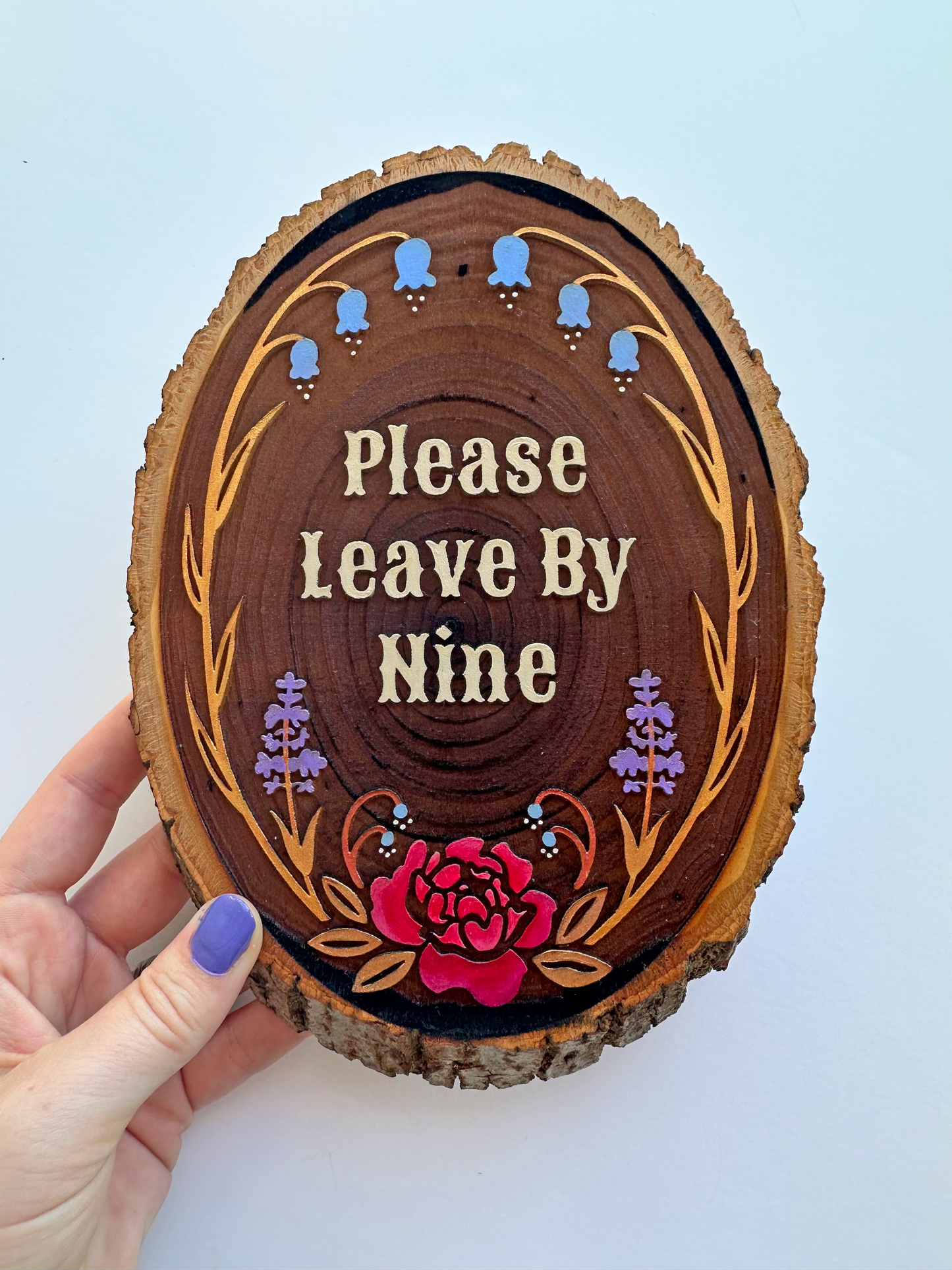 Please Leave By Nine – Hand-Painted Wood Engraving