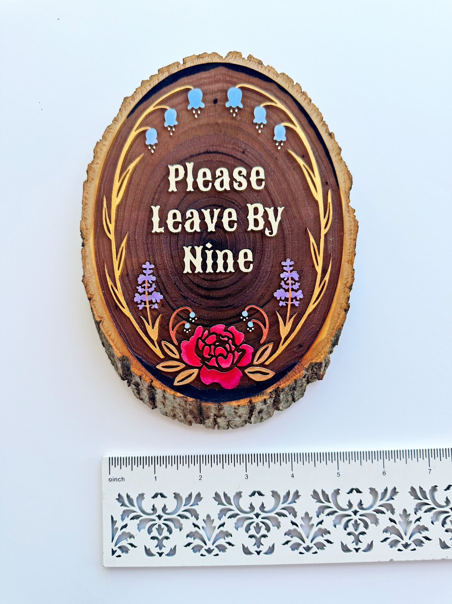 Please Leave By Nine – Hand-Painted Wood Engraving
