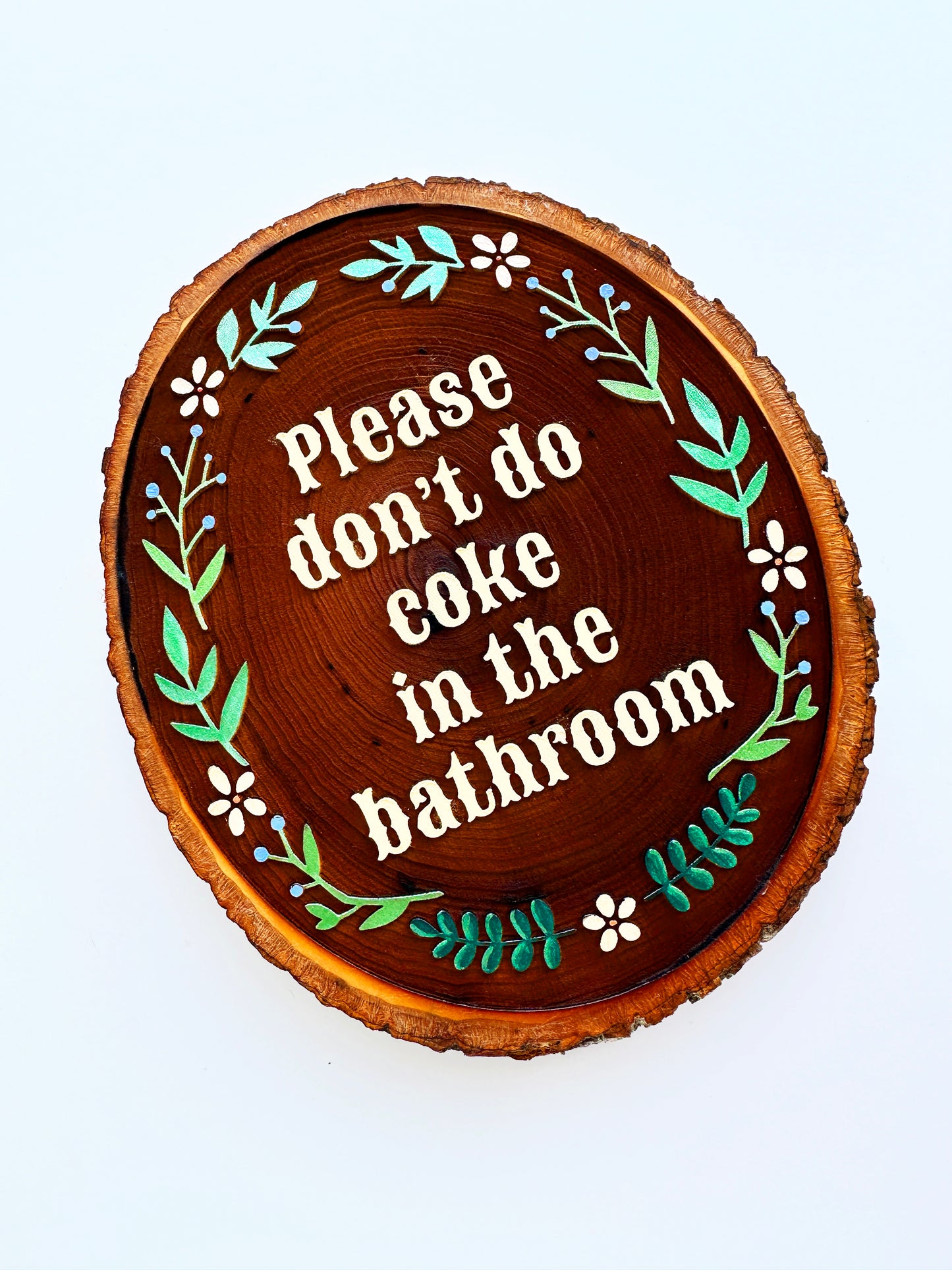 Please Don’t Do Coke in the Bathroom – Hand-Painted Wood Engraving