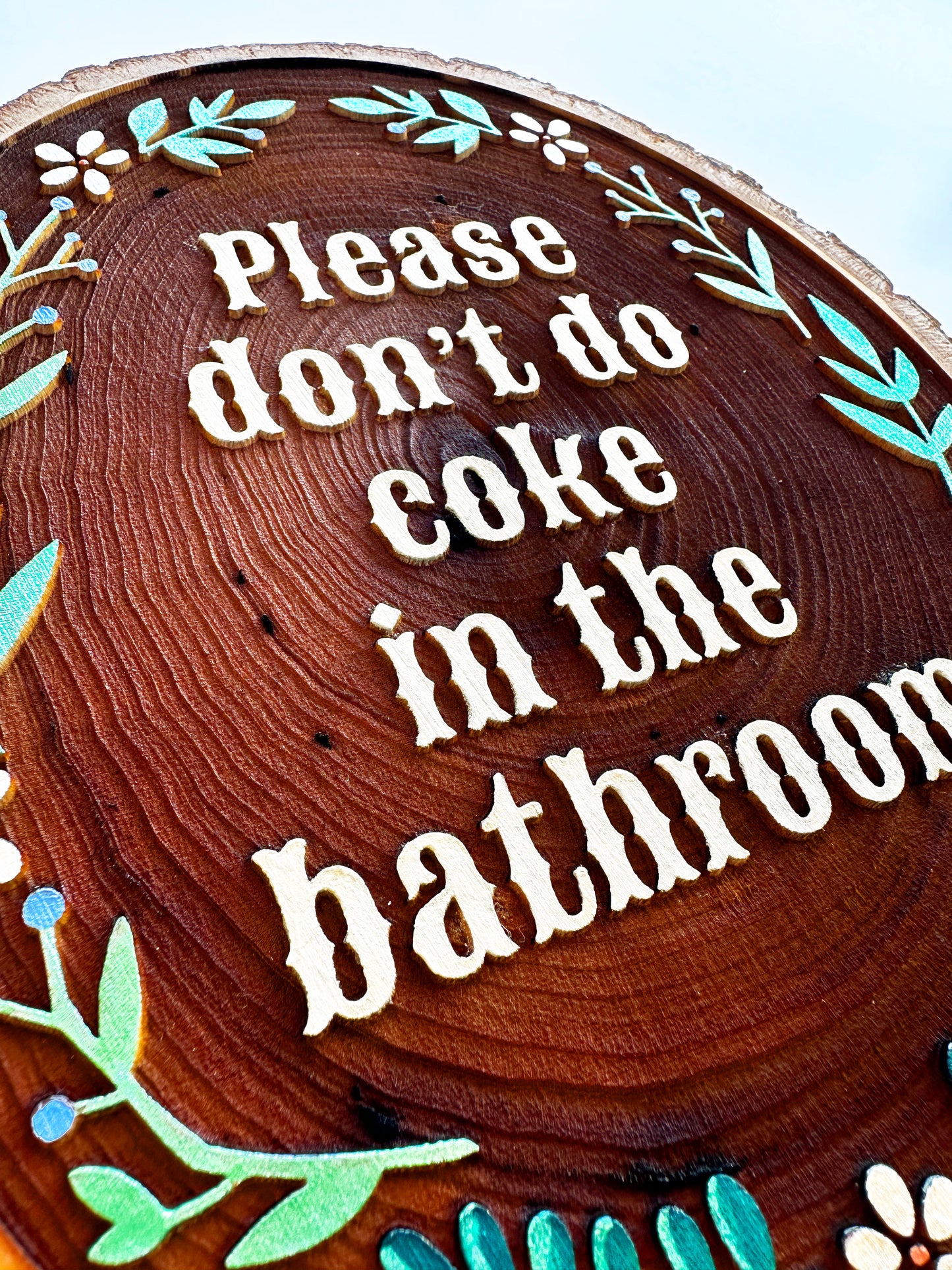 Please Don’t Do Coke in the Bathroom – Hand-Painted Wood Engraving