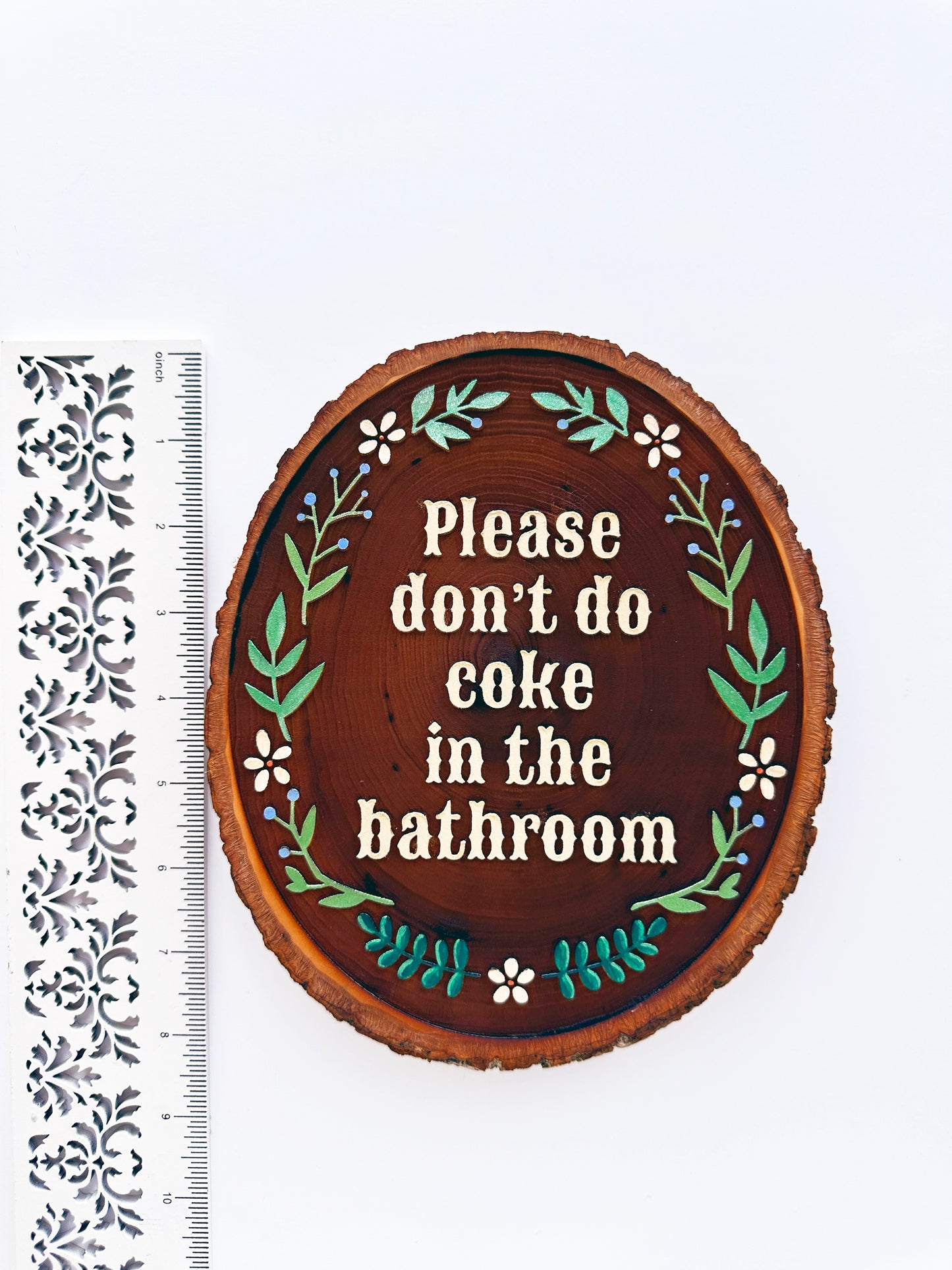 Please Don’t Do Coke in the Bathroom – Hand-Painted Wood Engraving