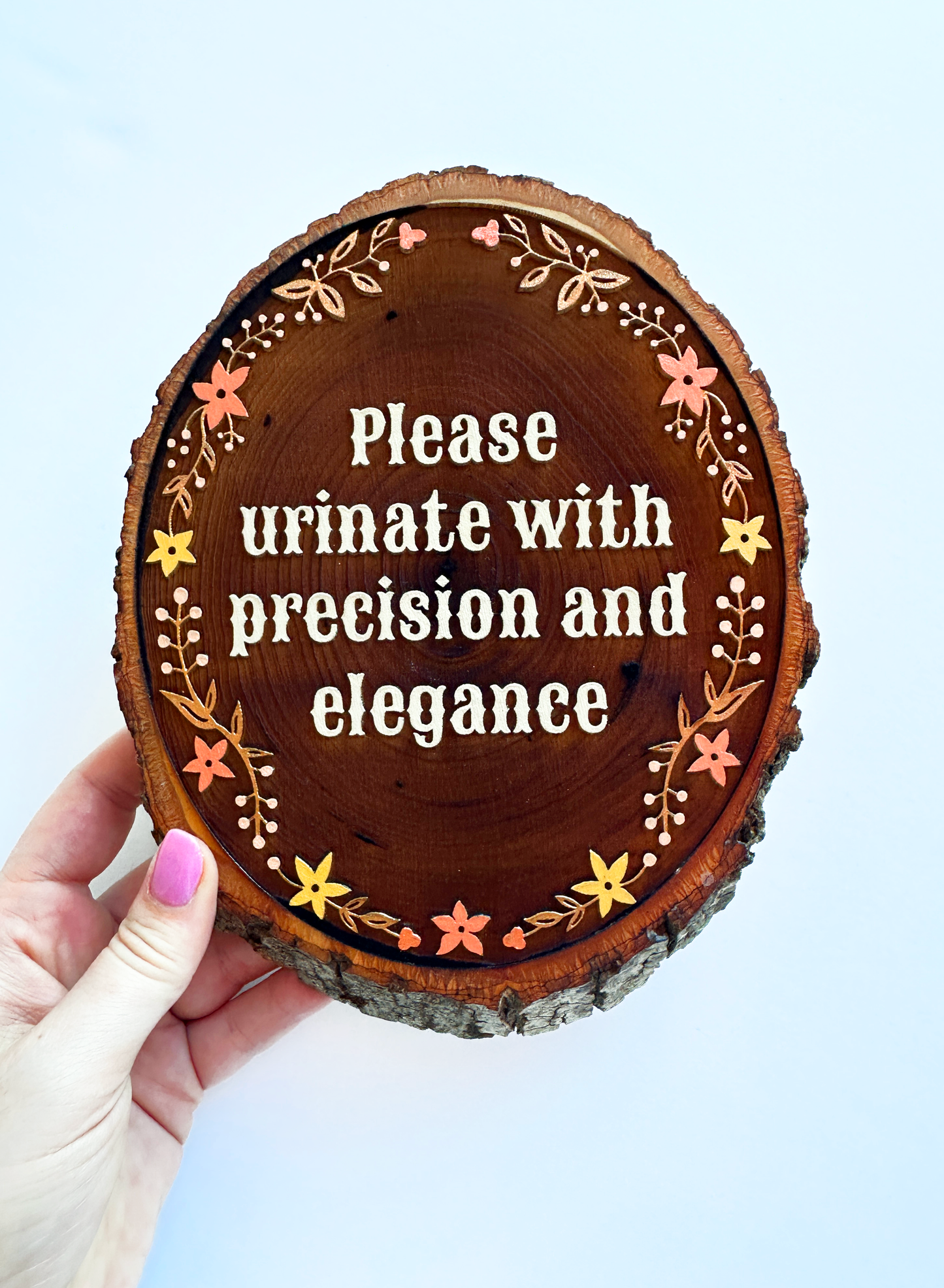 Please Urinate with Precision and Elegance – Hand-Painted Wood Engraving
