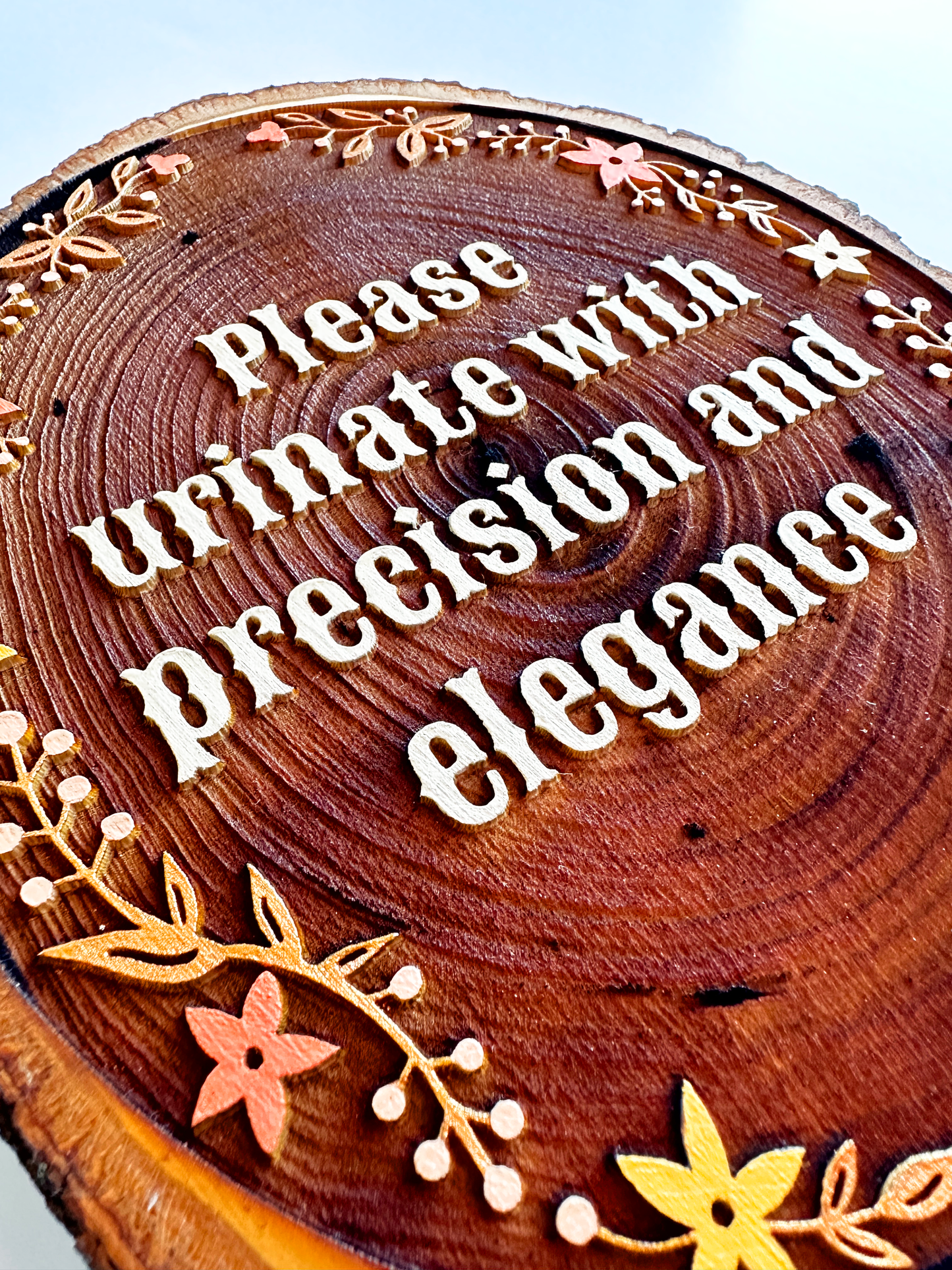 Please Urinate with Precision and Elegance – Hand-Painted Wood Engraving