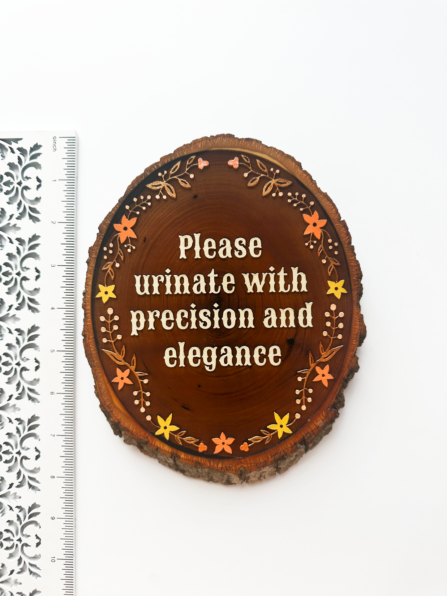 Please Urinate with Precision and Elegance – Hand-Painted Wood Engraving