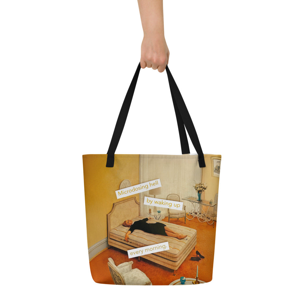 Microdosing Hell By Waking Up Every Morning – Funny Existential Crisis Collage Art | Large Statement Tote Bag
