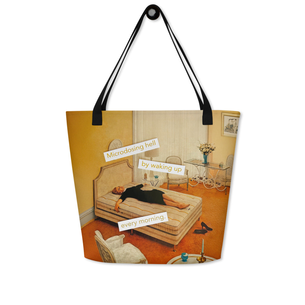 Microdosing Hell By Waking Up Every Morning – Funny Existential Crisis Collage Art | Large Statement Tote Bag