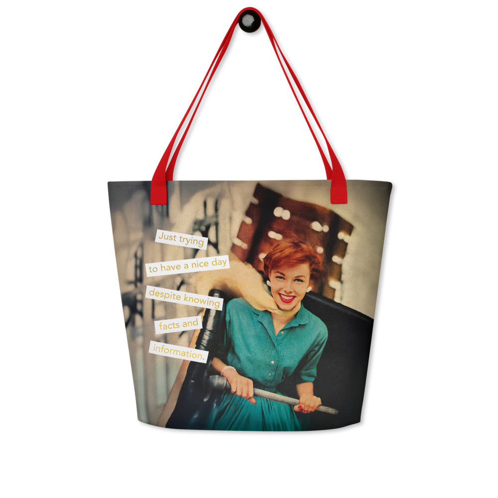Trying to Have A Nice Day Despite Knowing Facts and Information – Vintage Collage Art | Large Statement Tote Bag