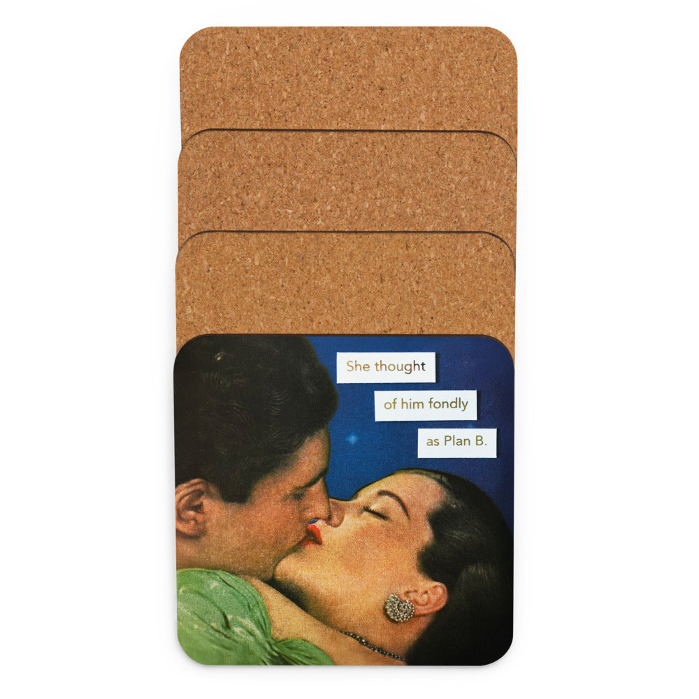 She Thought Of Him Fondly As Plan B - Retro Inspired Cork-back Coaster