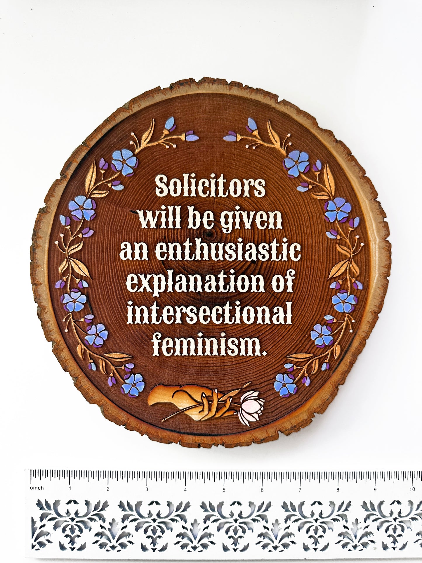 Solicitors Will Be Given an Enthusiastic Explanation of Intersectional Feminism — Hand-Painted Wood Engraving