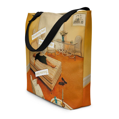 Microdosing Hell By Waking Up Every Morning – Funny Existential Crisis Collage Art | Large Statement Tote Bag